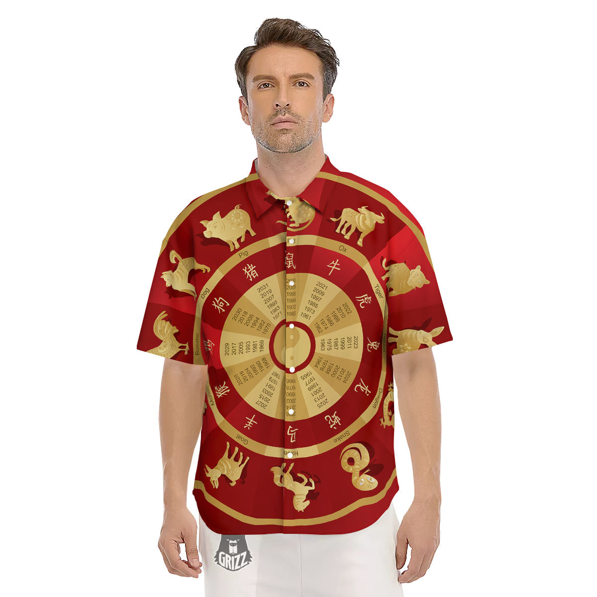 Zodiac Wheel Red Chinese Print Men's Short Sleeve Shirts-grizzshop