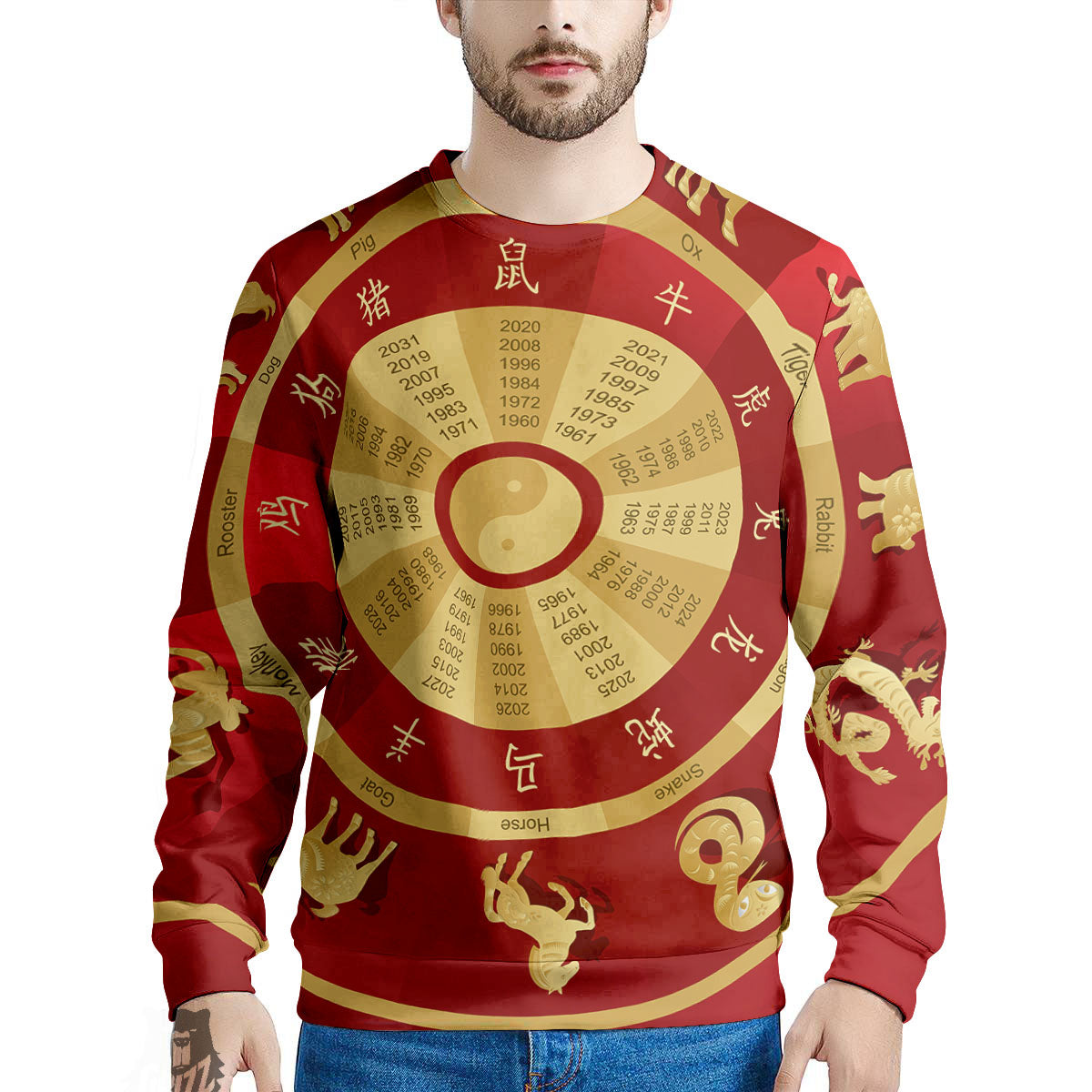 Zodiac Wheel Red Chinese Print Men's Sweatshirt-grizzshop