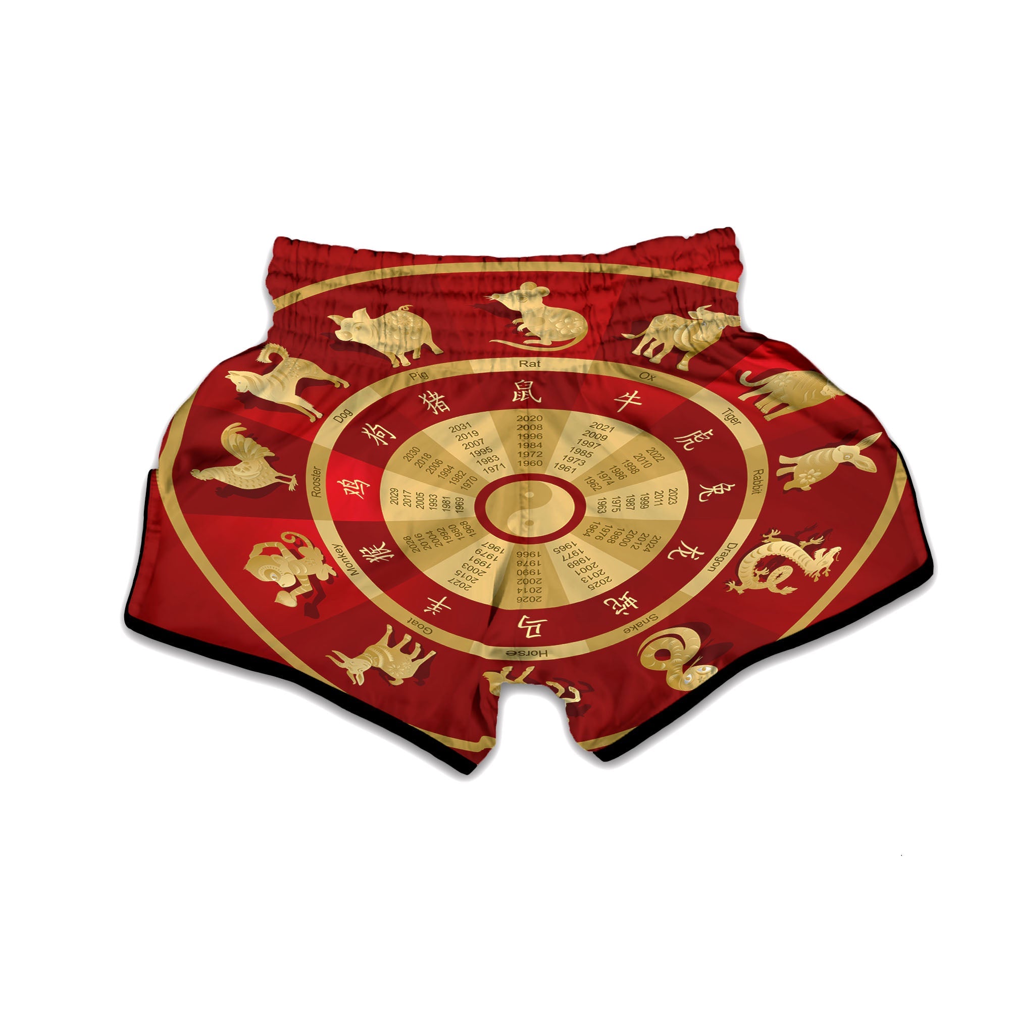Zodiac Wheel Red Chinese Print Muay Thai Boxing Shorts-grizzshop