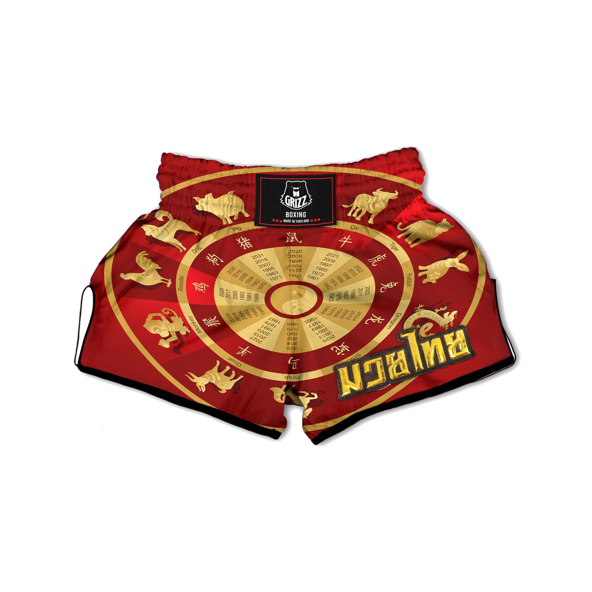 Zodiac Wheel Red Chinese Print Muay Thai Boxing Shorts-grizzshop