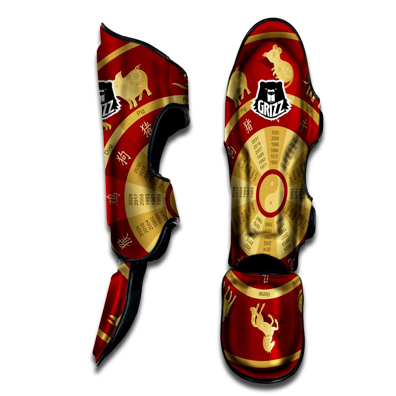 Zodiac Wheel Red Chinese Print Muay Thai Shin Guards-grizzshop