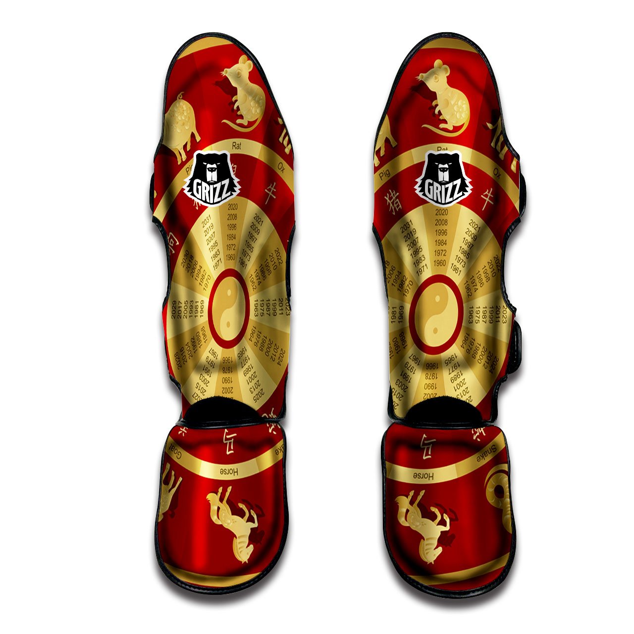 Zodiac Wheel Red Chinese Print Muay Thai Shin Guards-grizzshop