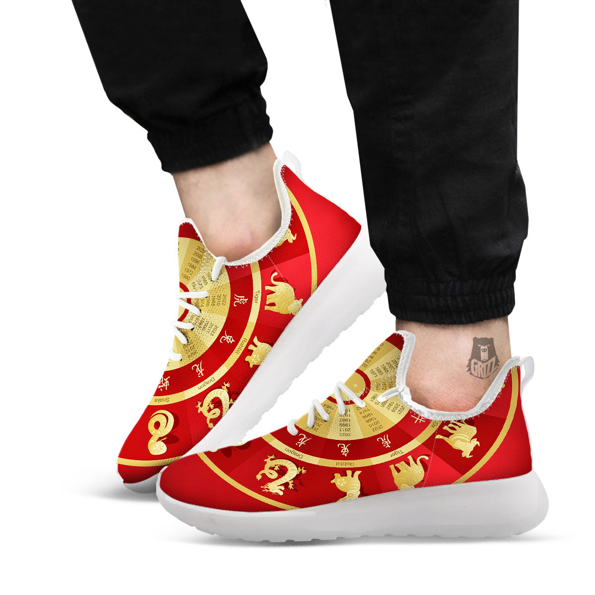 Zodiac Wheel Red Chinese Print White Athletic Shoes-grizzshop