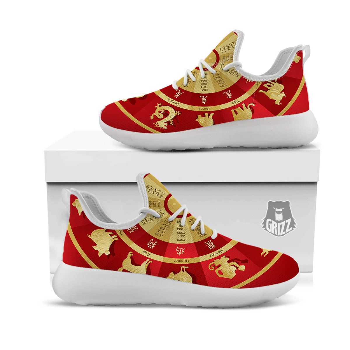 Zodiac Wheel Red Chinese Print White Athletic Shoes-grizzshop