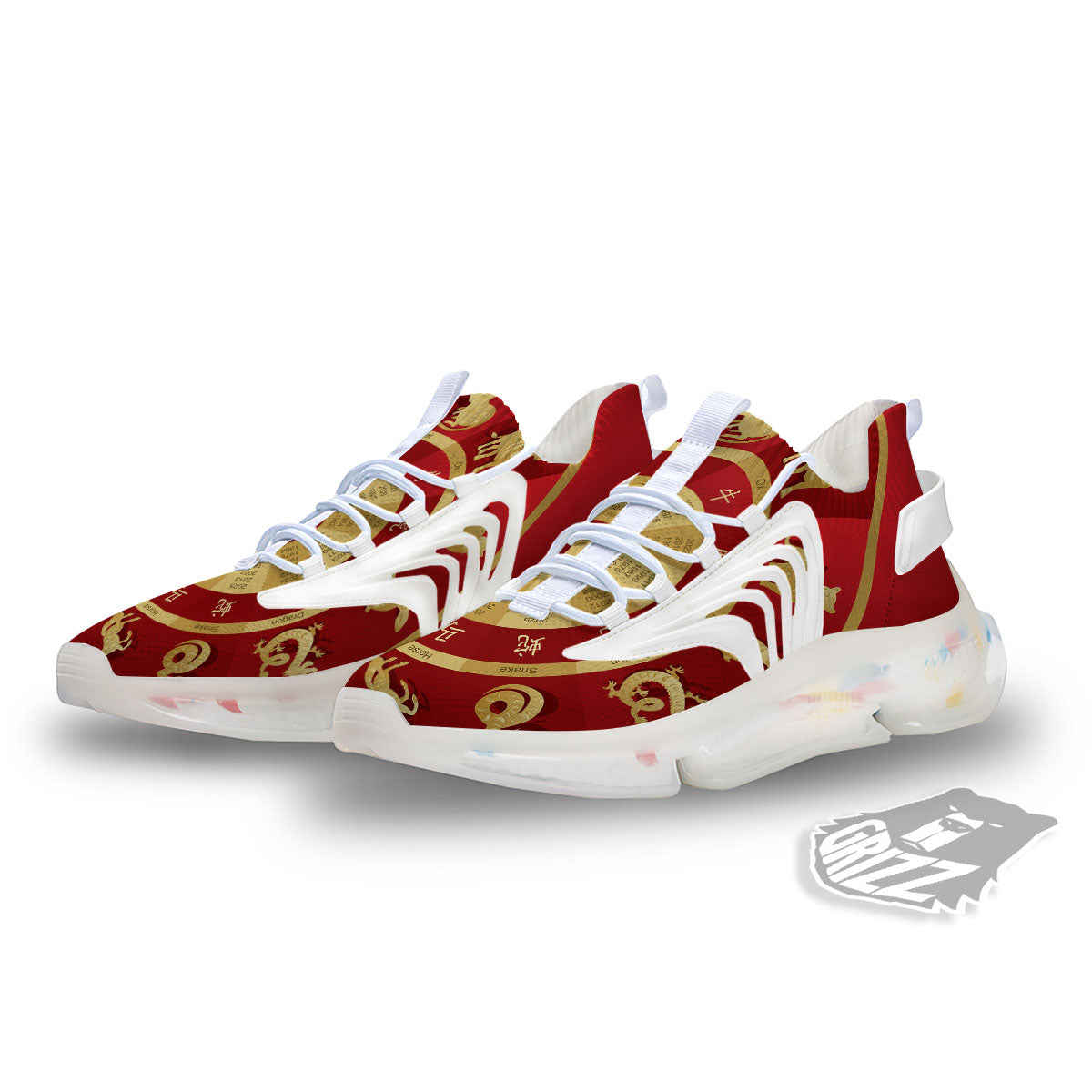Zodiac Wheel Red Chinese Print White Gym Shoes-grizzshop