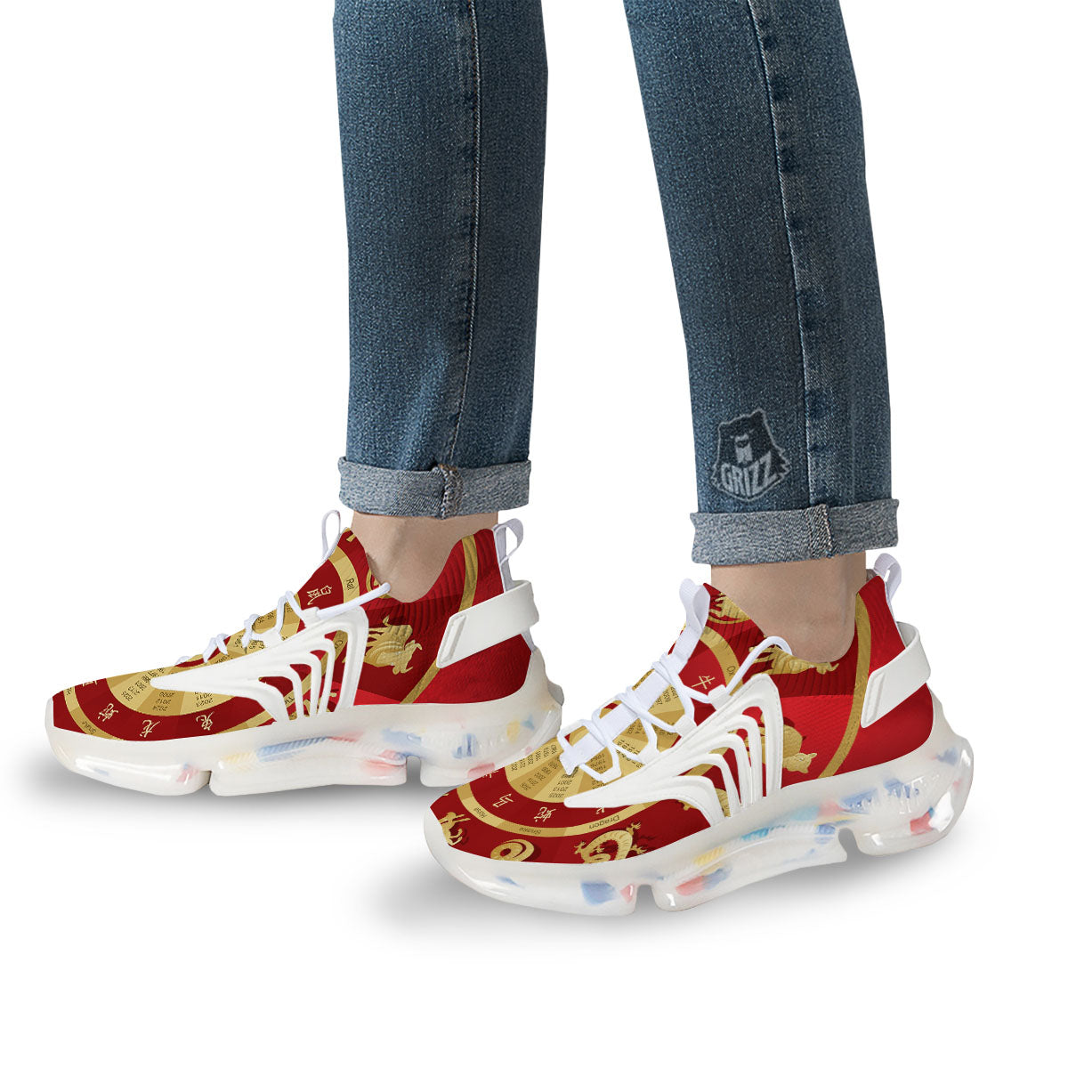 Zodiac Wheel Red Chinese Print White Gym Shoes-grizzshop