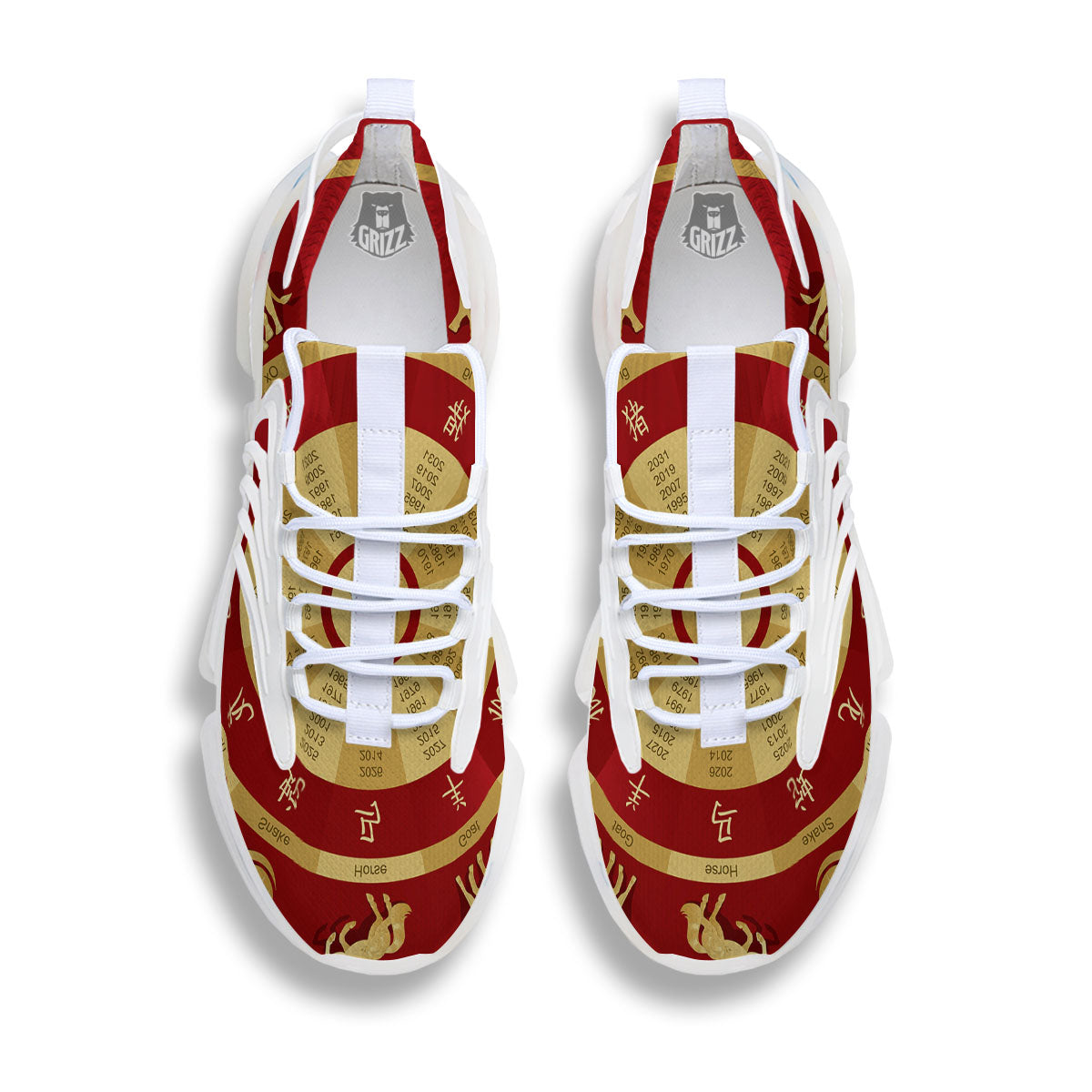 Zodiac Wheel Red Chinese Print White Gym Shoes-grizzshop