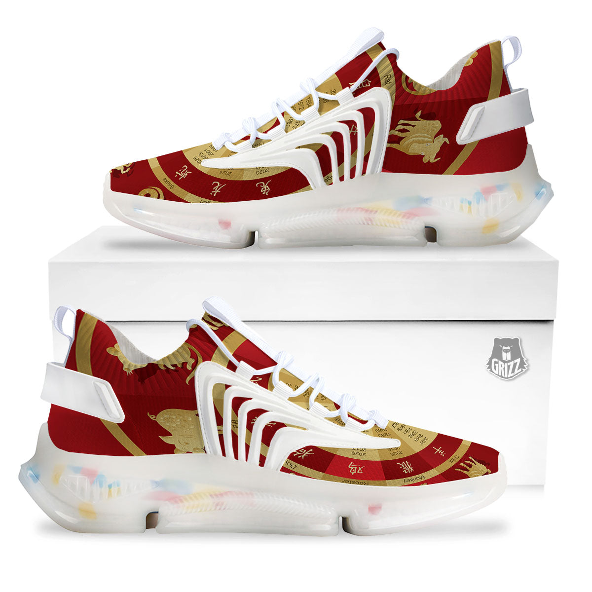Zodiac Wheel Red Chinese Print White Gym Shoes-grizzshop