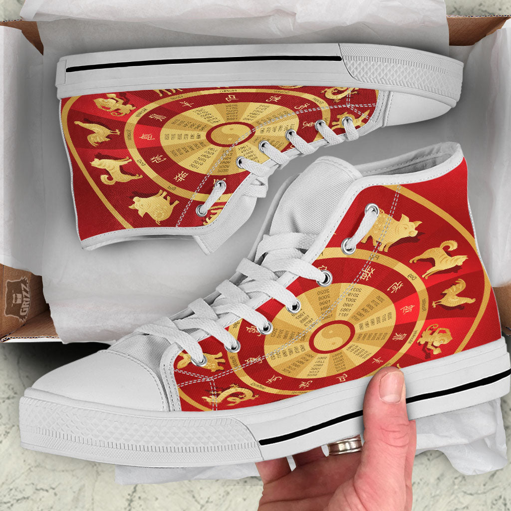 Zodiac Wheel Red Chinese Print White High Top Shoes-grizzshop