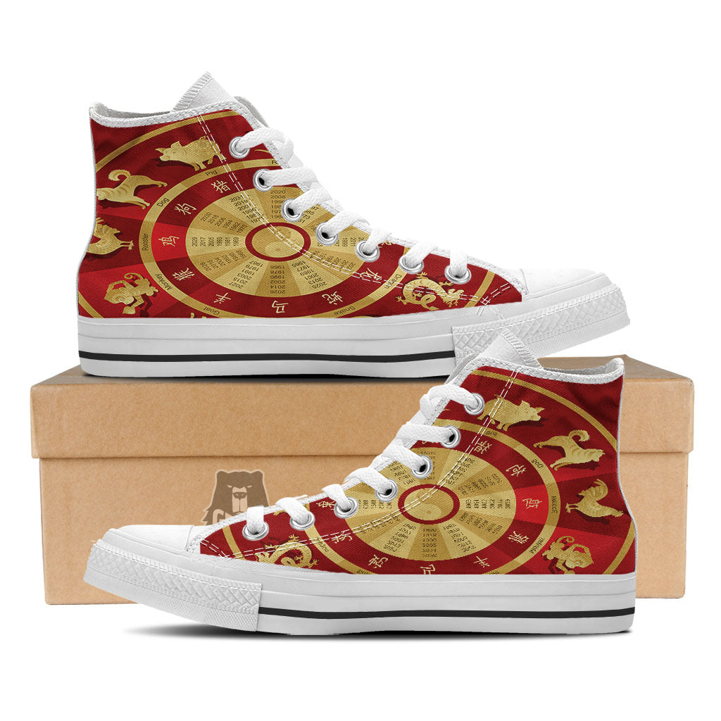 Zodiac Wheel Red Chinese Print White High Top Shoes-grizzshop