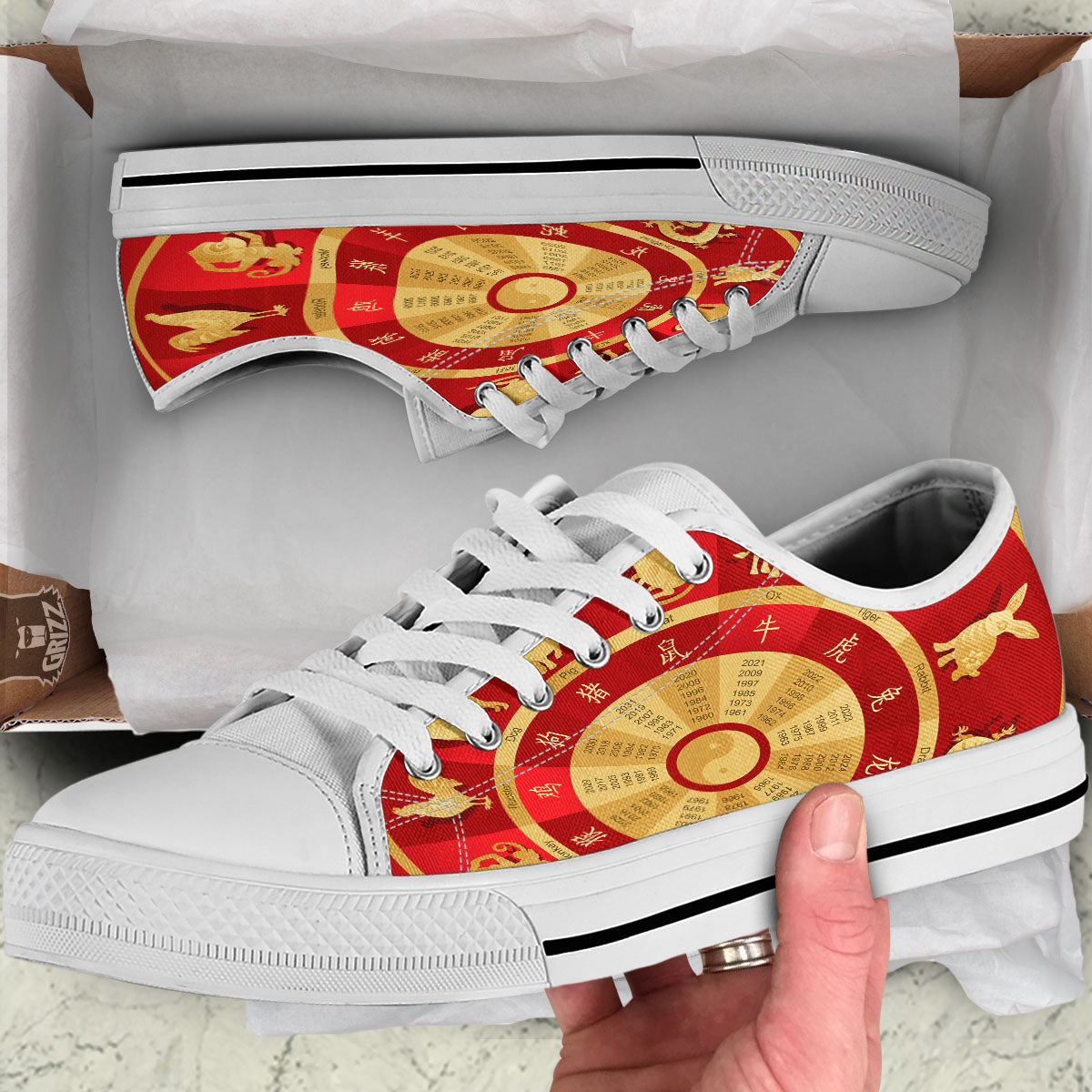 Zodiac Wheel Red Chinese Print White Low Top Shoes-grizzshop