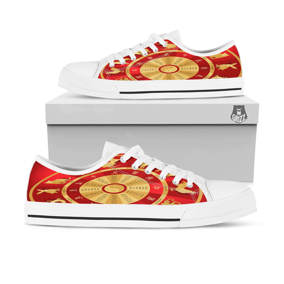 Zodiac Wheel Red Chinese Print White Low Top Shoes-grizzshop