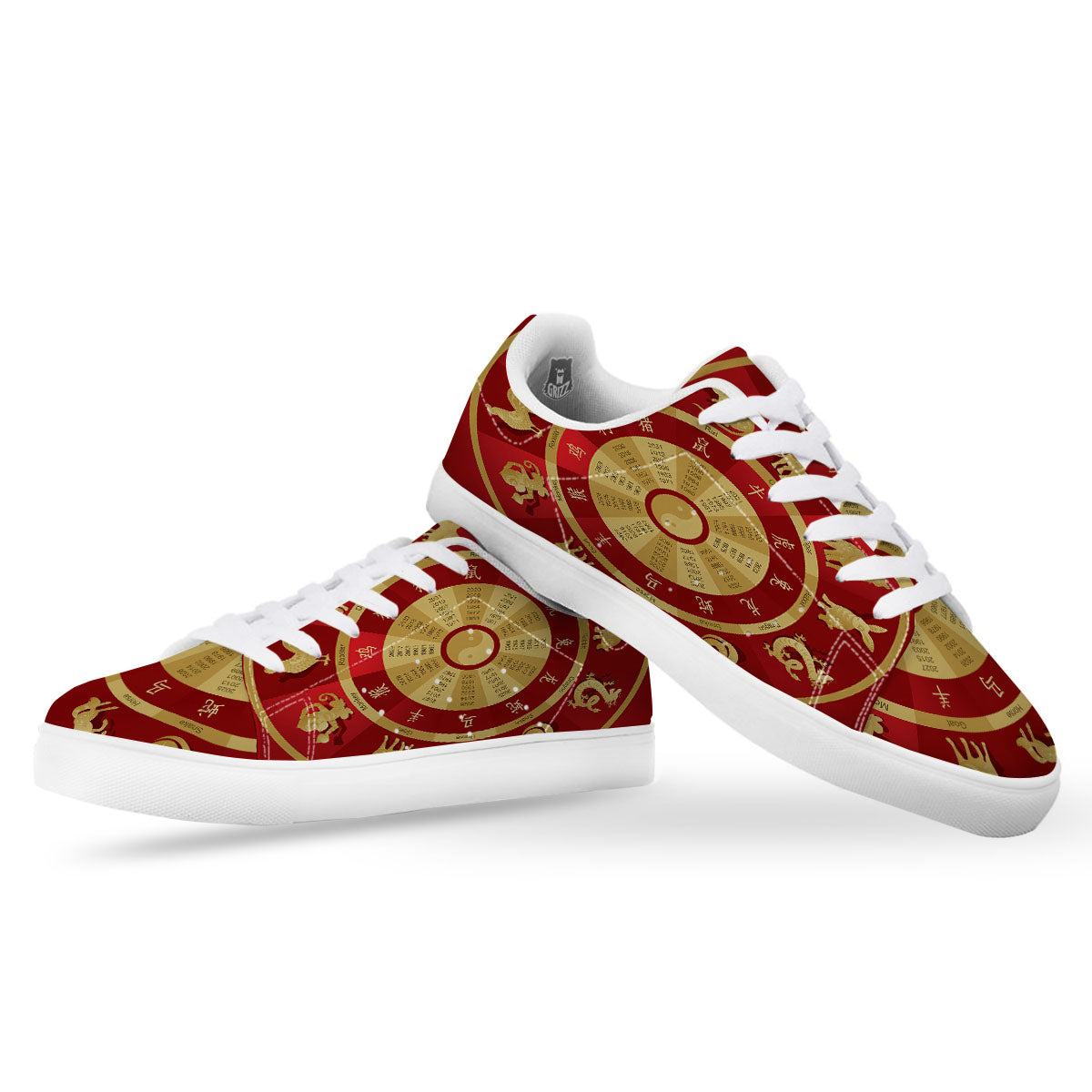 Zodiac Wheel Red Chinese Print White Low Top Sneakers-grizzshop