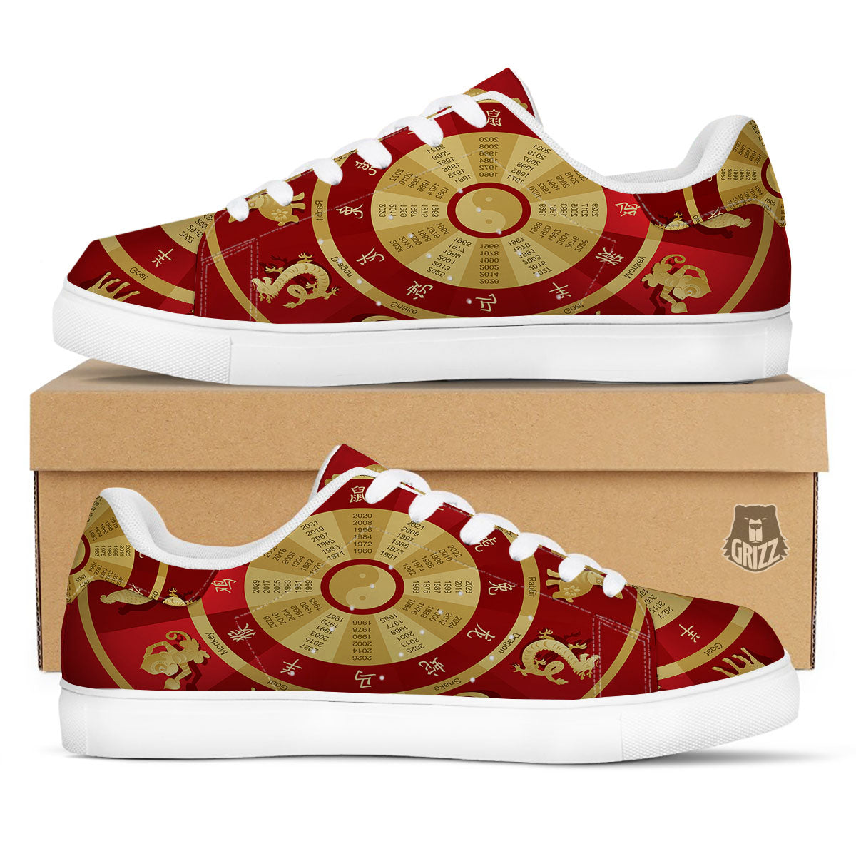 Zodiac Wheel Red Chinese Print White Low Top Sneakers-grizzshop