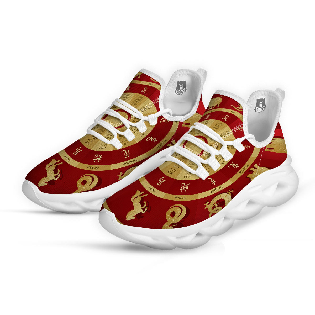 Zodiac Wheel Red Chinese Print White Running Shoes-grizzshop