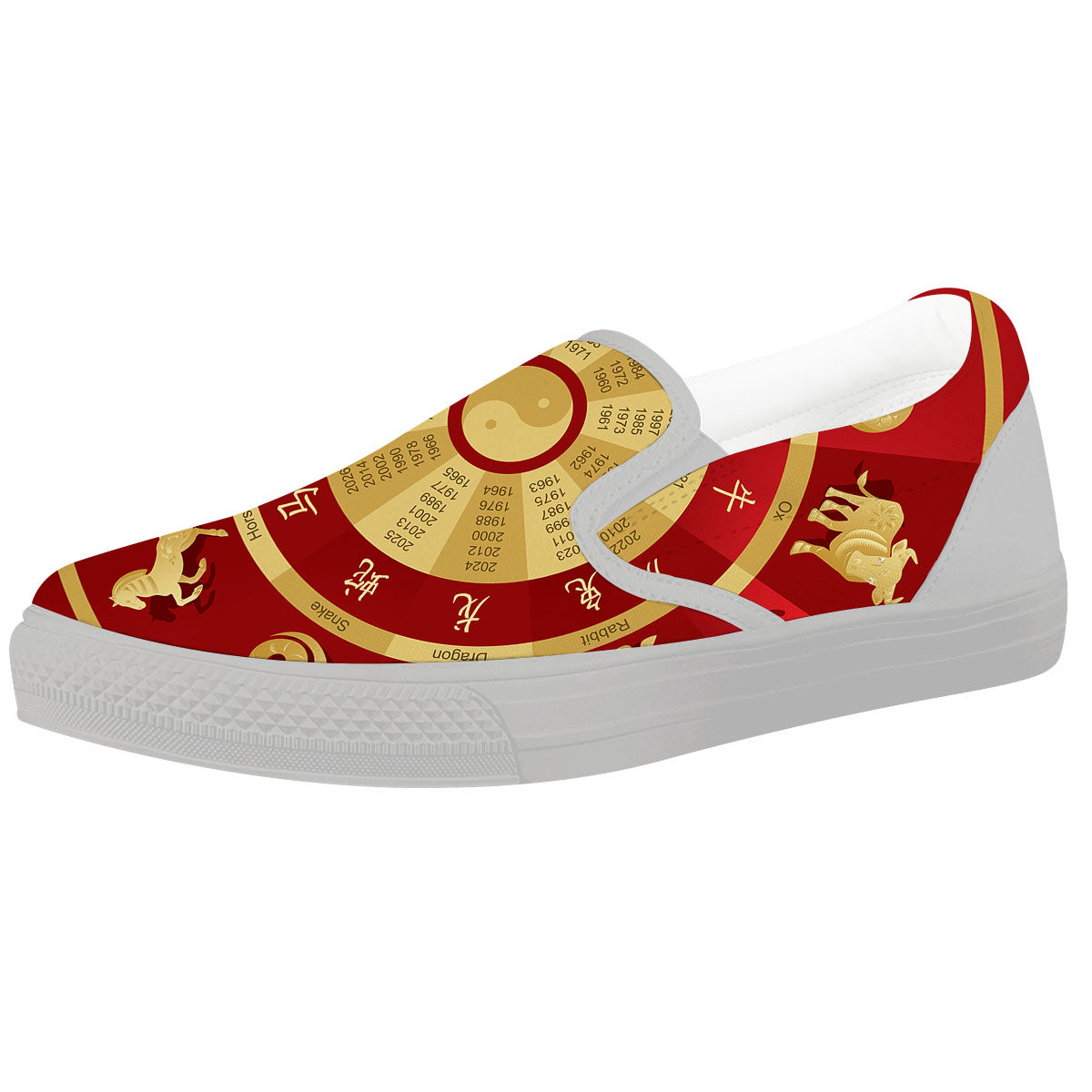 Zodiac Wheel Red Chinese Print White Slip On Shoes-grizzshop