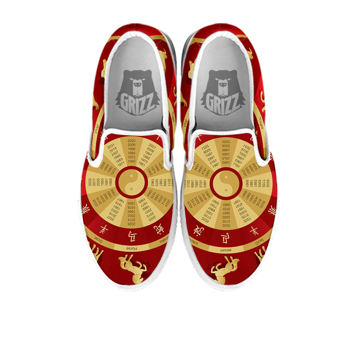 Zodiac Wheel Red Chinese Print White Slip On Shoes-grizzshop