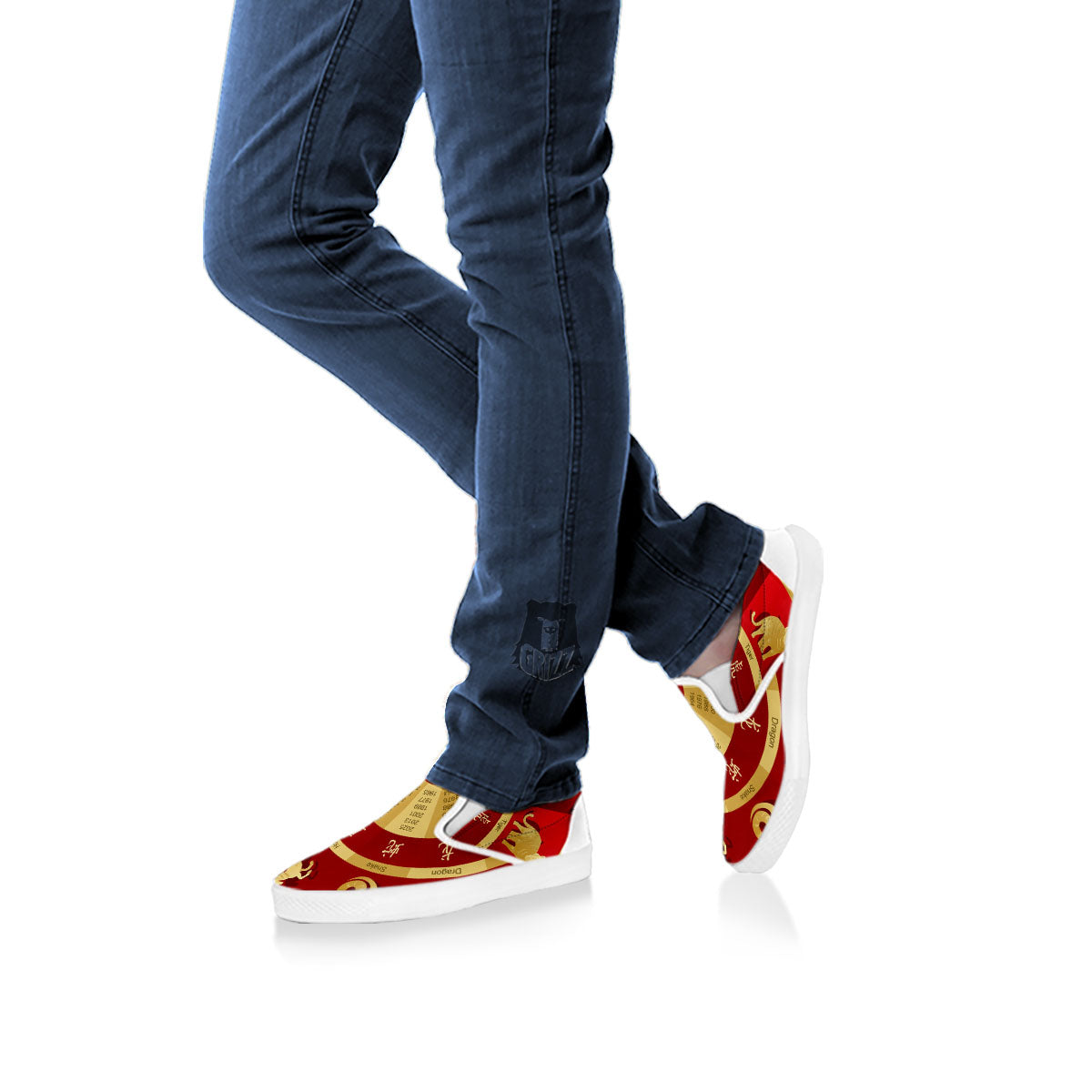 Zodiac Wheel Red Chinese Print White Slip On Shoes-grizzshop