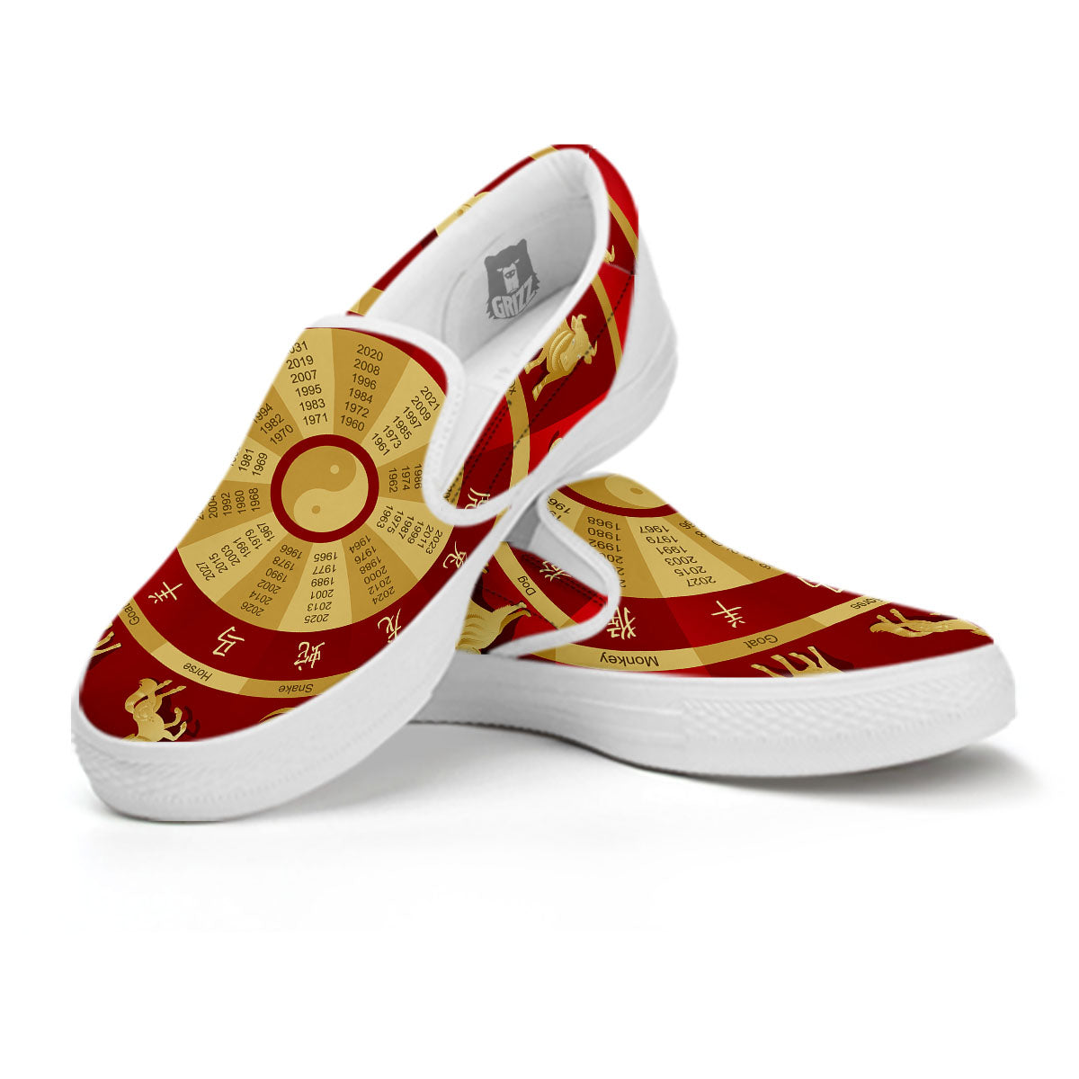 Zodiac Wheel Red Chinese Print White Slip On Shoes-grizzshop