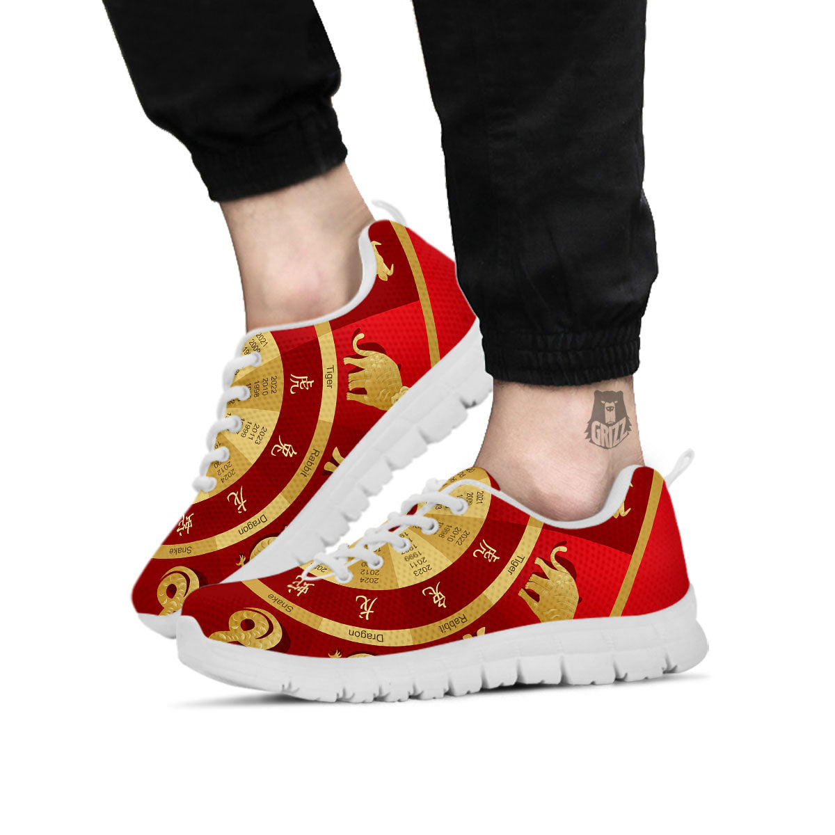 Zodiac Wheel Red Chinese Print White Sneaker-grizzshop