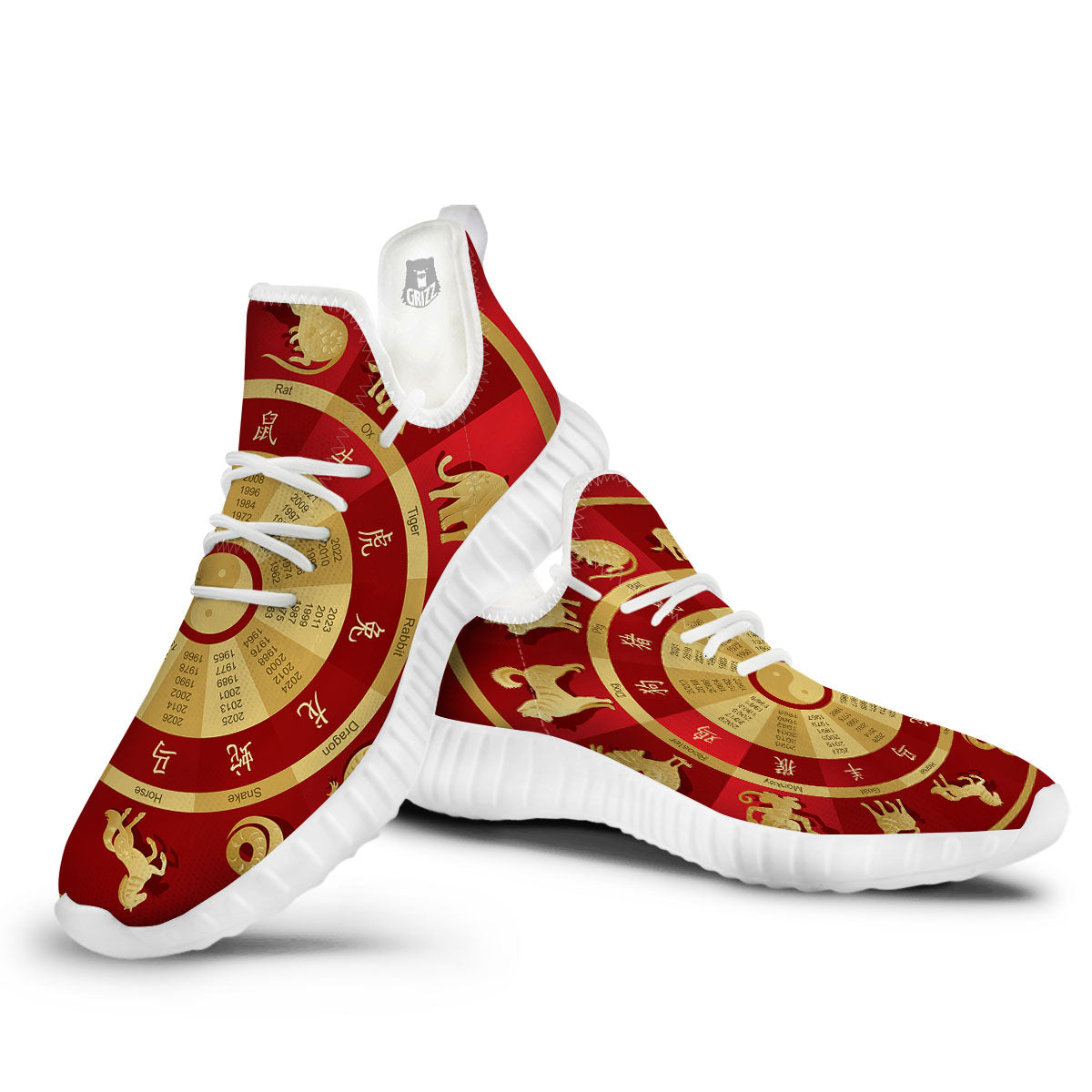 Zodiac Wheel Red Chinese Print White Walking Shoes-grizzshop