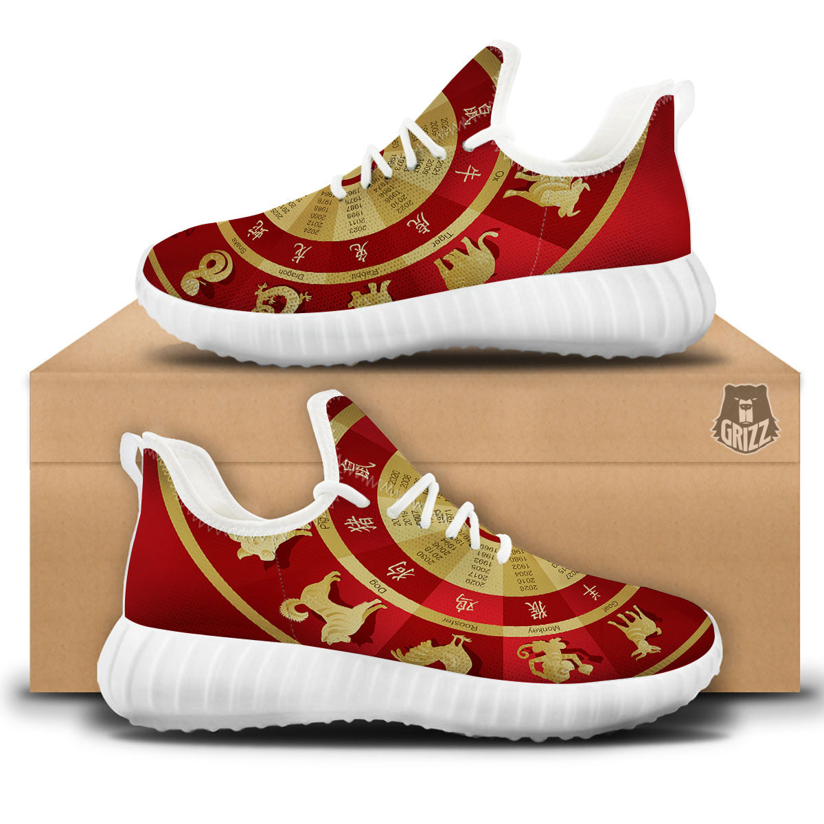 Zodiac Wheel Red Chinese Print White Walking Shoes-grizzshop