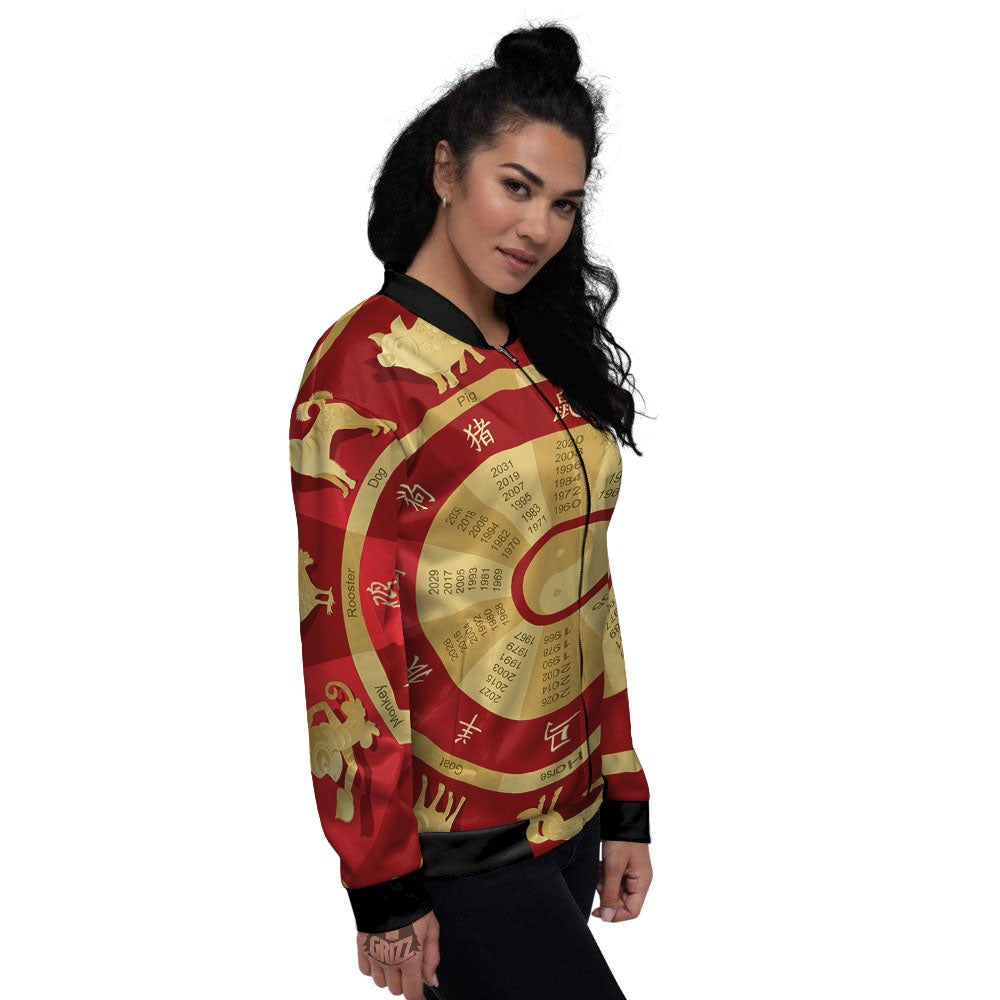 Zodiac Wheel Red Chinese Print Women's Bomber Jacket-grizzshop