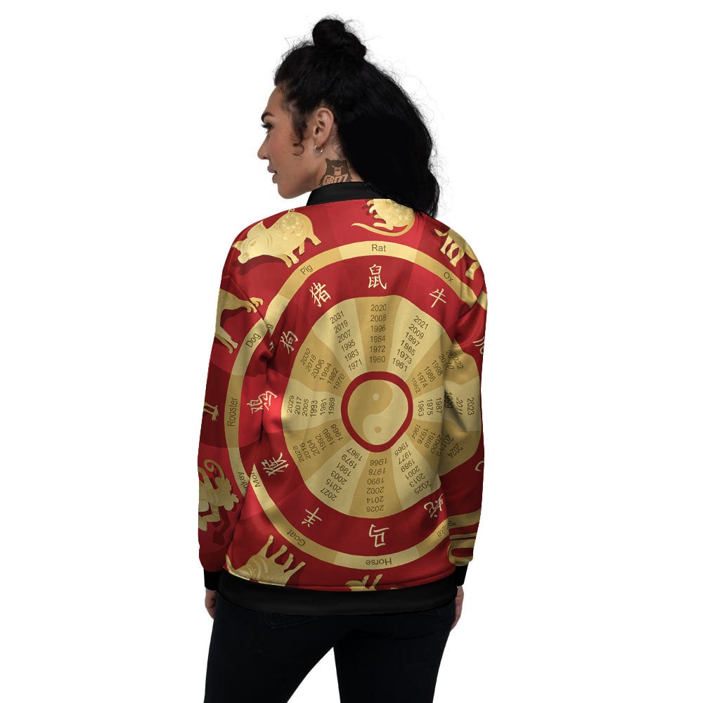 Zodiac Wheel Red Chinese Print Women's Bomber Jacket-grizzshop