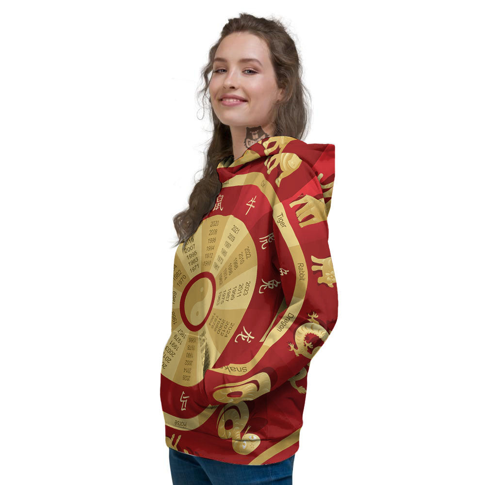 Zodiac Wheel Red Chinese Print Women's Hoodie-grizzshop