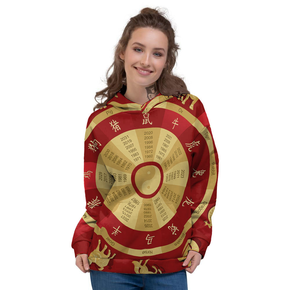 Zodiac Wheel Red Chinese Print Women's Hoodie-grizzshop