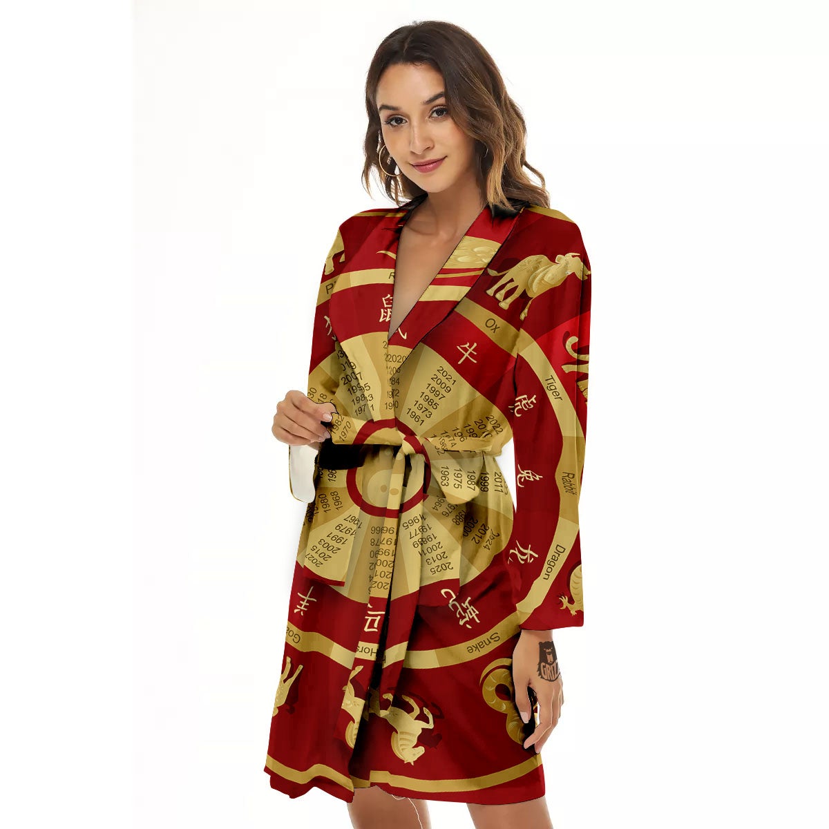 Zodiac Wheel Red Chinese Print Women's Robe-grizzshop