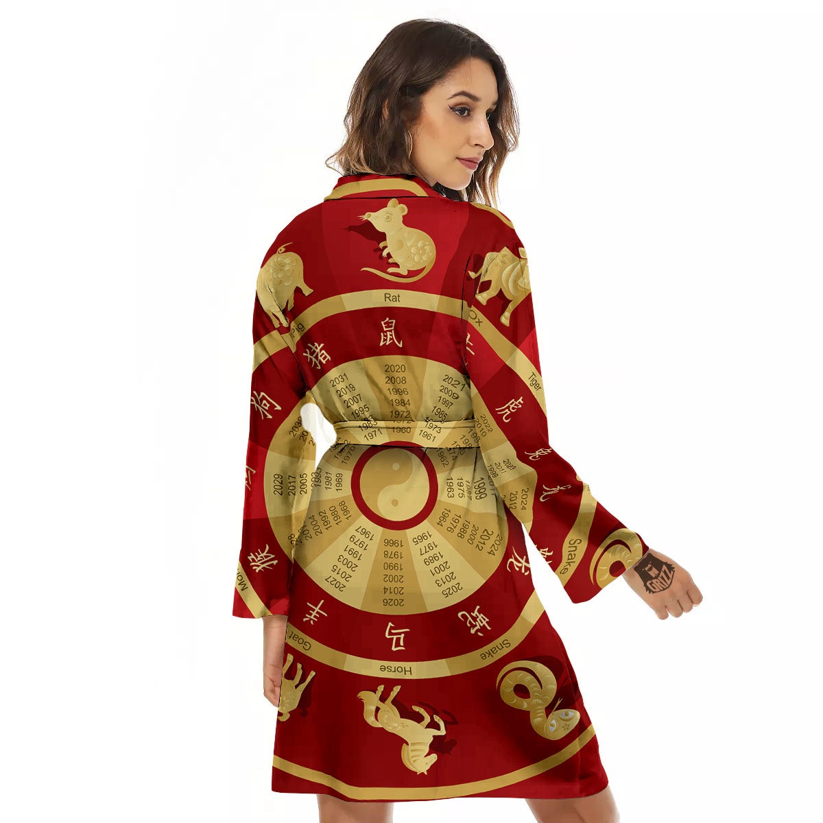 Zodiac Wheel Red Chinese Print Women's Robe-grizzshop