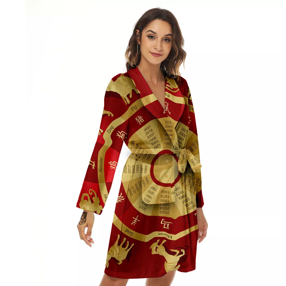 Zodiac Wheel Red Chinese Print Women's Robe-grizzshop