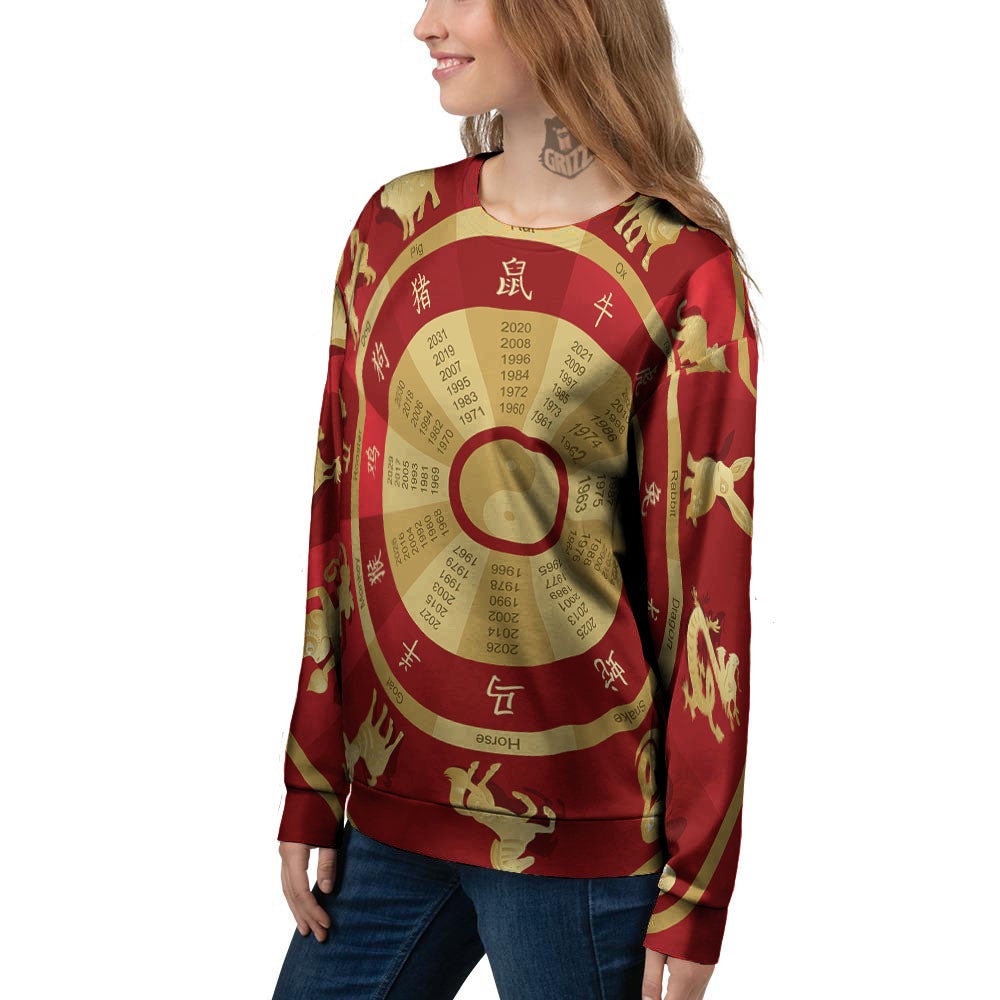 Zodiac Wheel Red Chinese Print Women's Sweatshirt-grizzshop