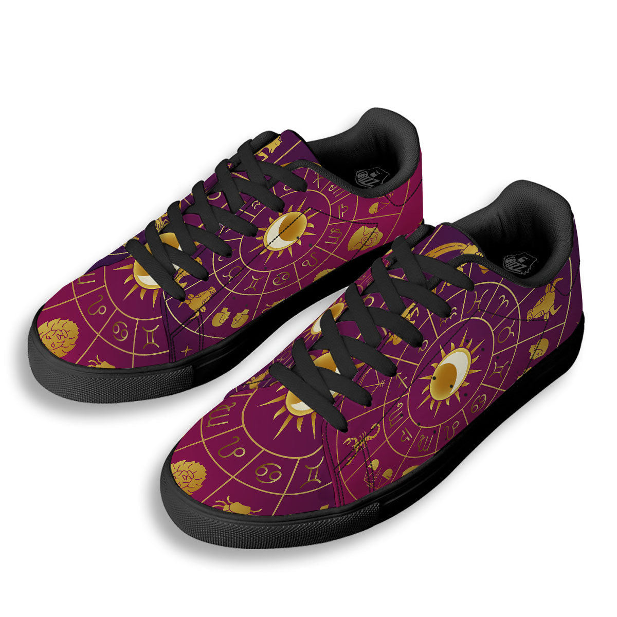 Zodiac Wheel Symbols Print Black Low Top Sneakers-grizzshop