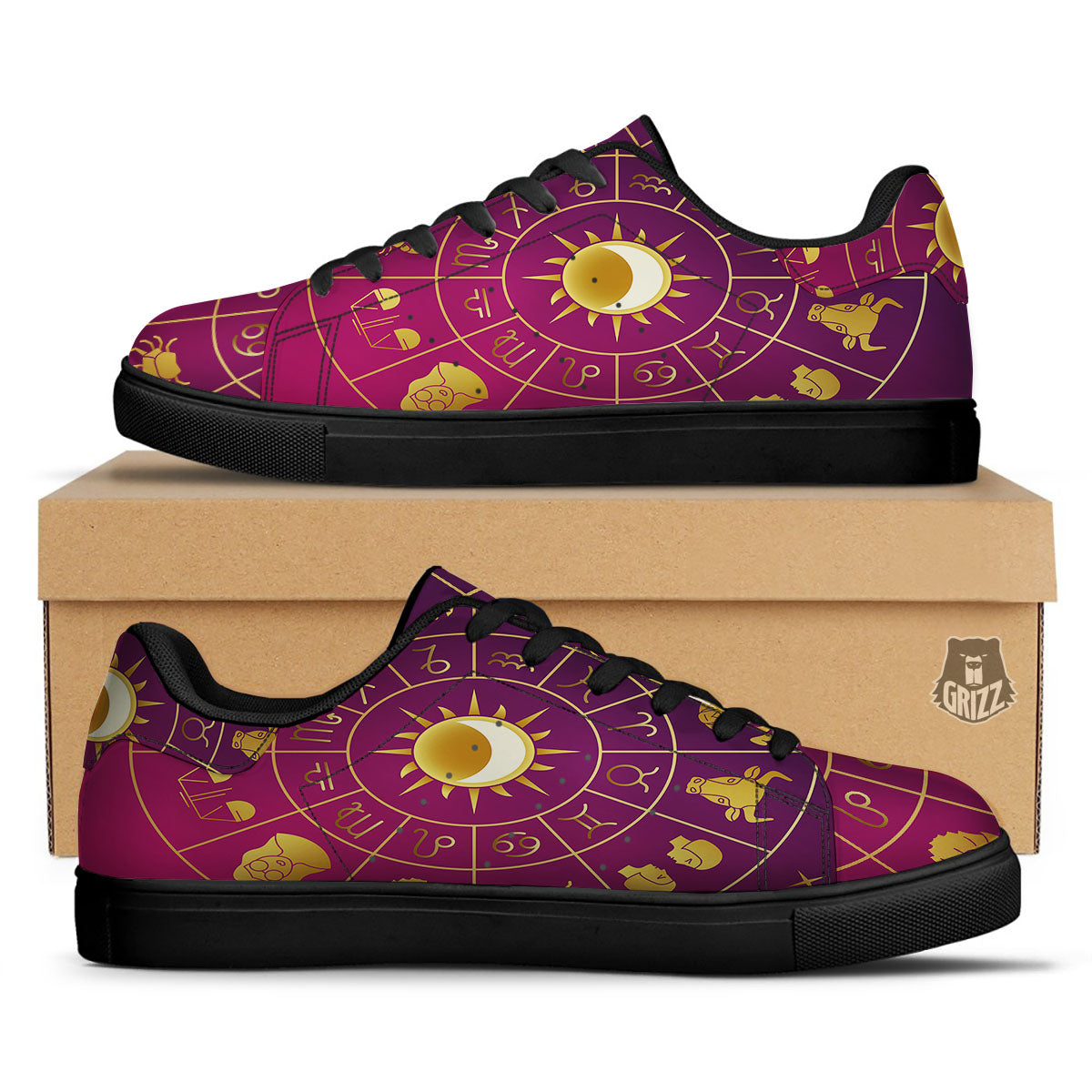Zodiac Wheel Symbols Print Black Low Top Sneakers-grizzshop