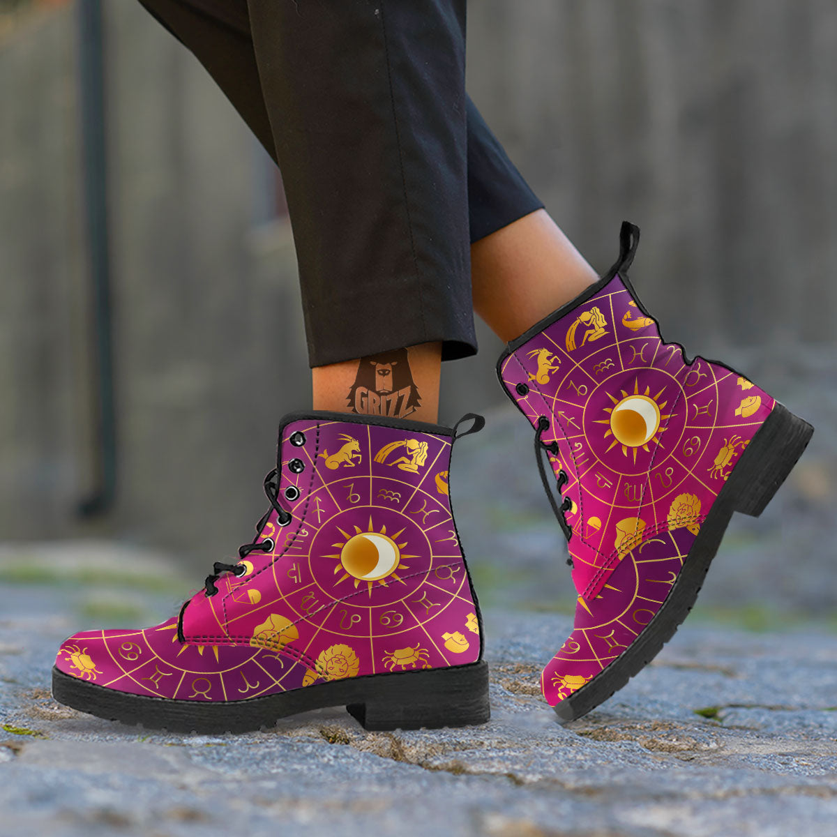 Zodiac Wheel Symbols Print Leather Boots-grizzshop