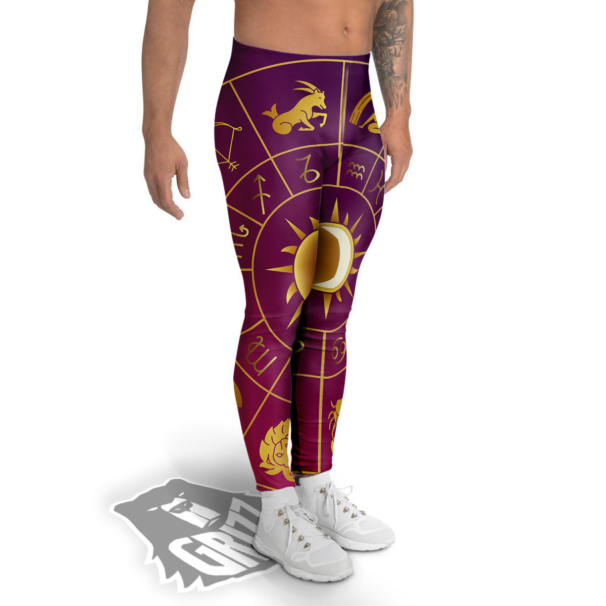 Zodiac Wheel Symbols Print Men's Leggings-grizzshop