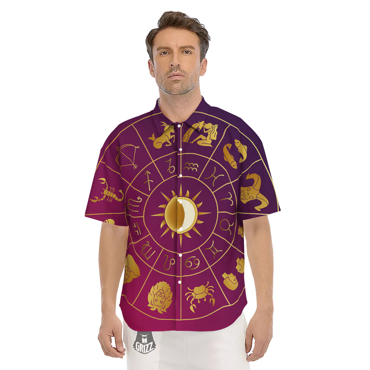 Zodiac Wheel Symbols Print Men's Short Sleeve Shirts-grizzshop