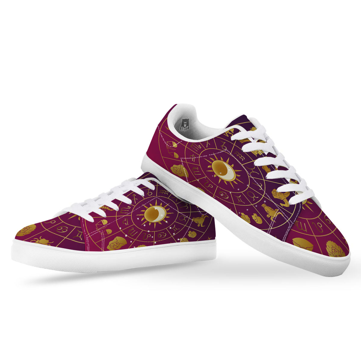 Zodiac Wheel Symbols Print White Low Top Sneakers-grizzshop