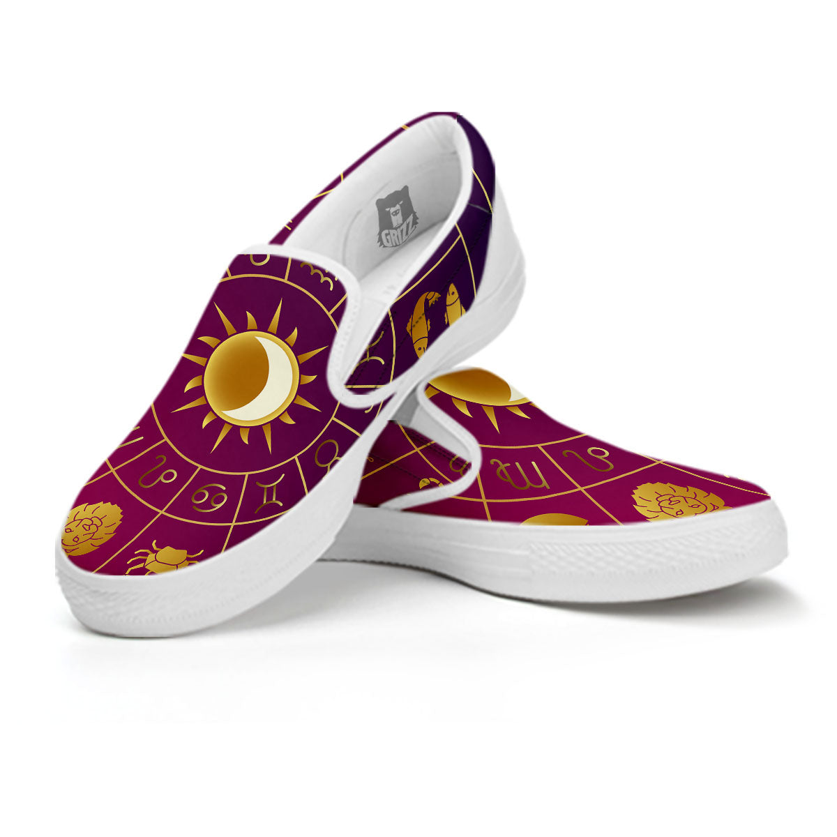 Zodiac Wheel Symbols Print White Slip On Shoes-grizzshop