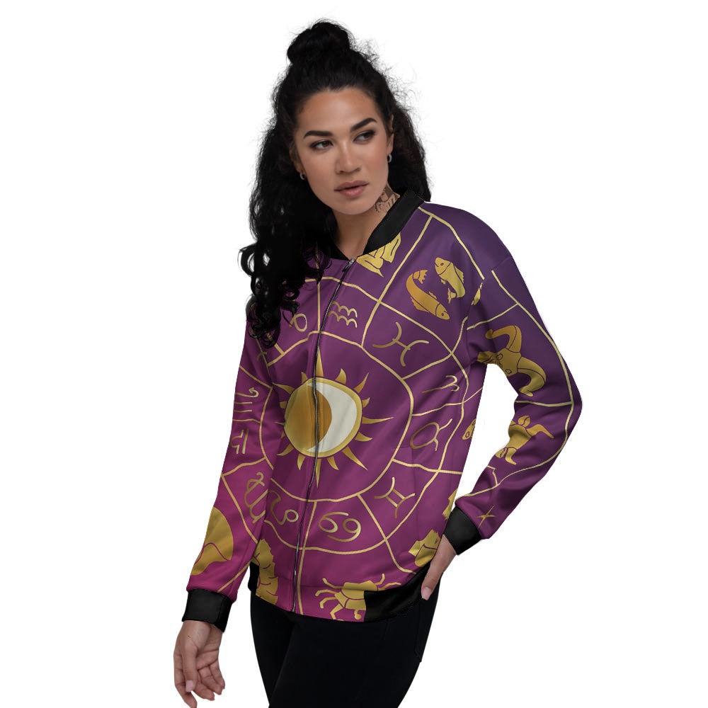 Zodiac Wheel Symbols Print Women's Bomber Jacket-grizzshop