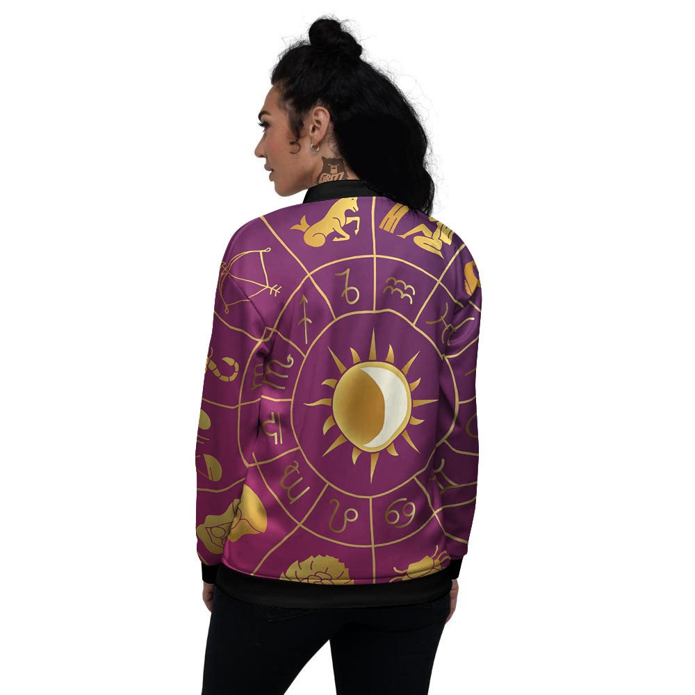 Zodiac Wheel Symbols Print Women's Bomber Jacket-grizzshop