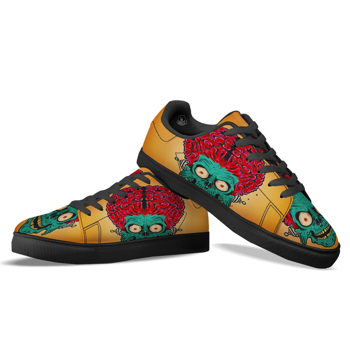 Zombie Big Brain Print Black Low Top Sneakers-grizzshop