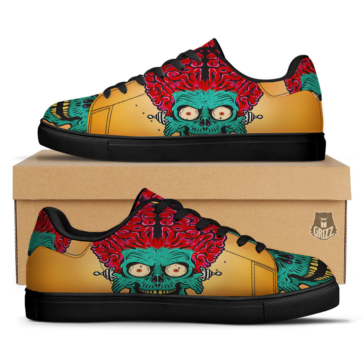Zombie Big Brain Print Black Low Top Sneakers-grizzshop