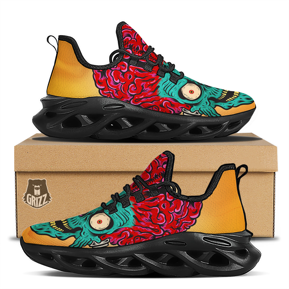 Zombie Big Brain Print Black Running Shoes-grizzshop