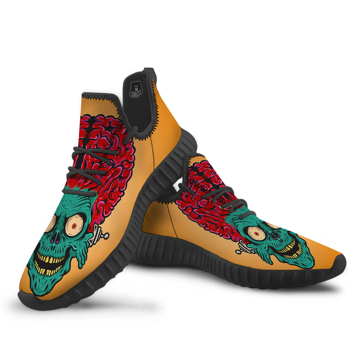 Zombie Big Brain Print Black Walking Shoes-grizzshop