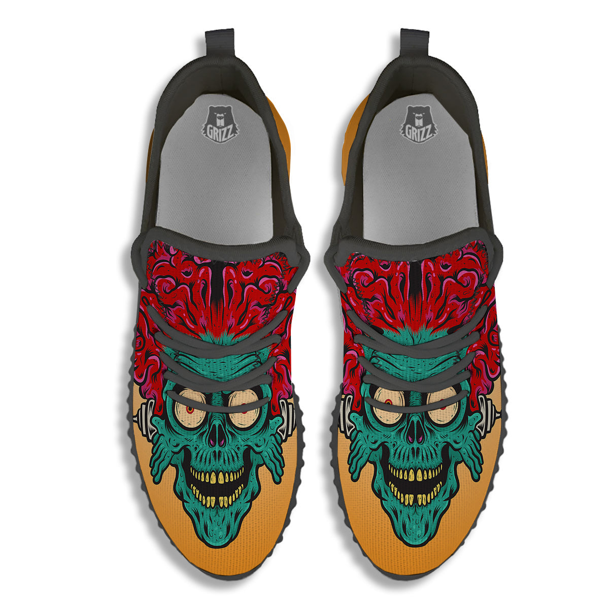 Zombie Big Brain Print Black Walking Shoes-grizzshop