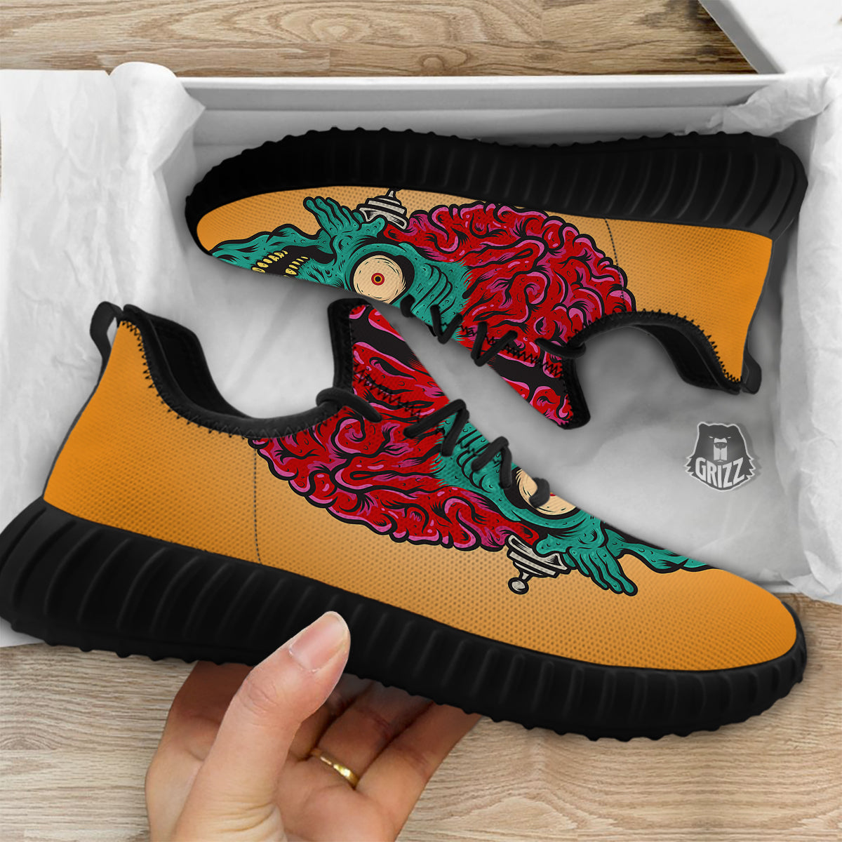 Zombie Big Brain Print Black Walking Shoes-grizzshop