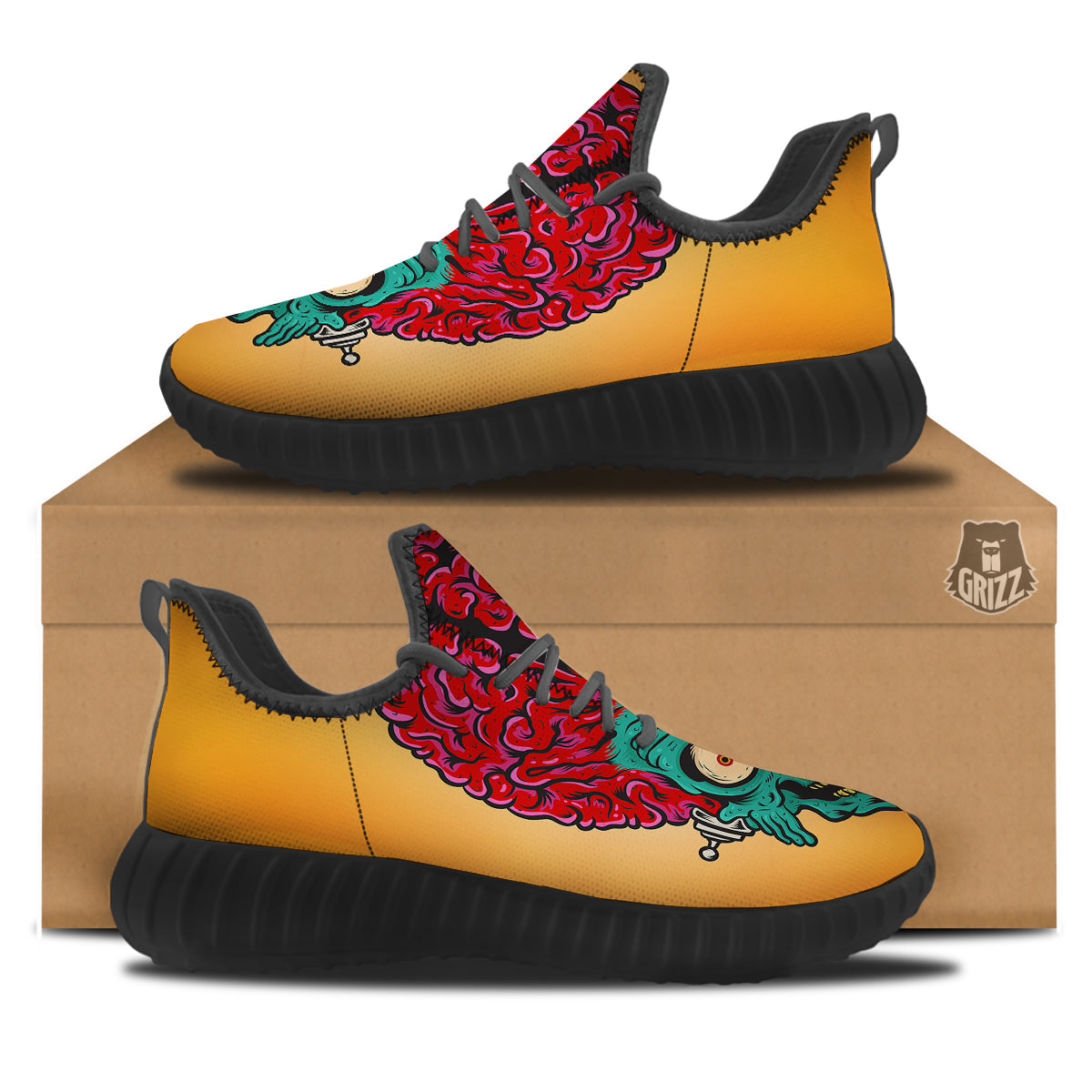 Zombie Big Brain Print Black Walking Shoes-grizzshop